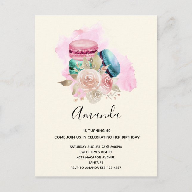 Colorful Macarons and Flowers Watercolor Invitation Postcard (Front)