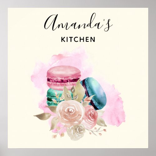 Colorful Macarons and Flowers Watercolor Kitchen Poster