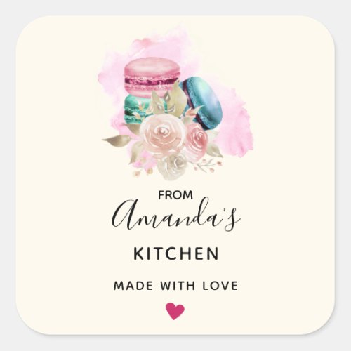 Colorful Macarons and Flowers Watercolor Kitchen Square Sticker