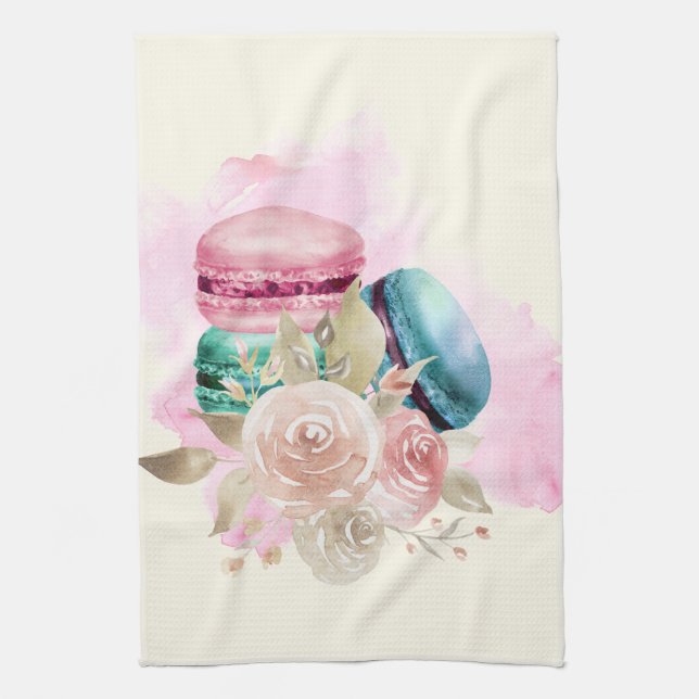 Colorful Macarons and Flowers Watercolor Kitchen Towel (Vertical)