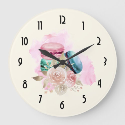 Colorful Macarons and Flowers Watercolor Large Clock