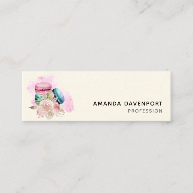 Colorful Macarons and Flowers Watercolor Mini Business Card (Front)
