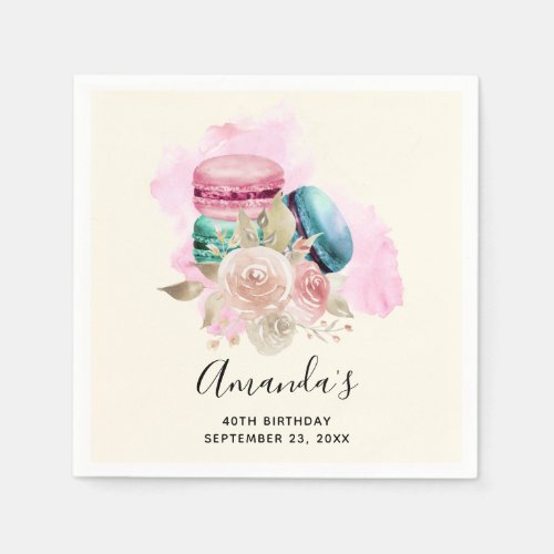 Colorful Macarons and Flowers Watercolor Napkins