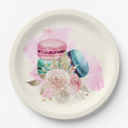 Colorful Macarons and Flowers Watercolor Paper Plates