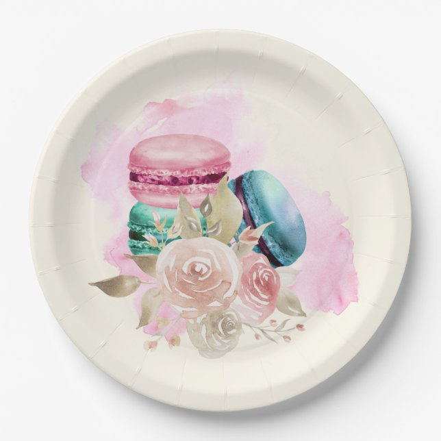 Colorful Macarons and Flowers Watercolor Paper Plates (Front)