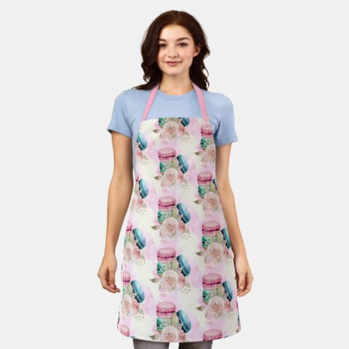 Colorful Macarons and Flowers Watercolor Pattern Apron
