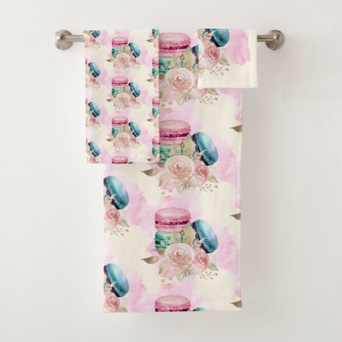 Colorful Macarons and Flowers Watercolor Pattern Bath Towel Set
