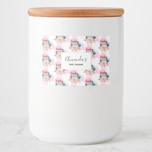 Colorful Macarons and Flowers Watercolor Pattern Food Label (Front)