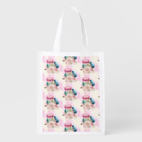 Colorful Macarons and Flowers Watercolor Pattern Grocery Bag