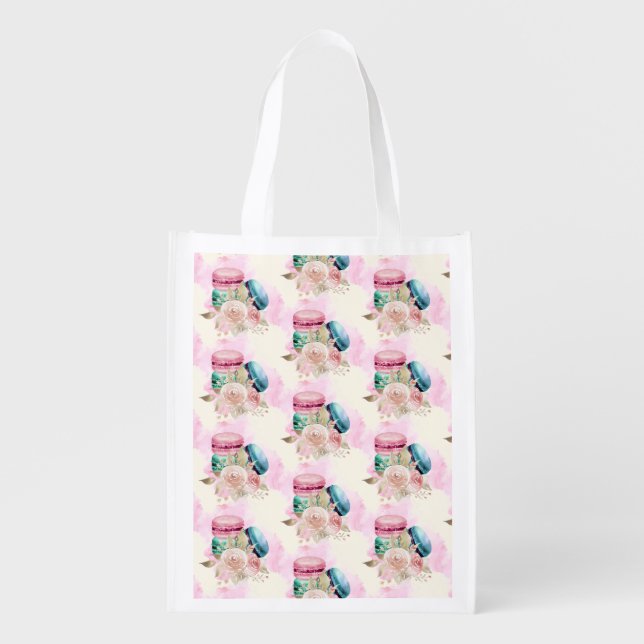 Colorful Macarons and Flowers Watercolor Pattern Grocery Bag (Front)