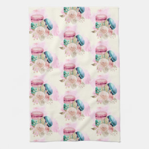 Colorful Macarons and Flowers Watercolor Pattern Kitchen Towel