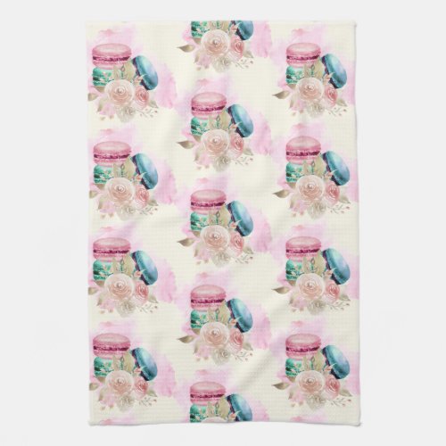 Colorful Macarons and Flowers Watercolor Pattern Kitchen Towel