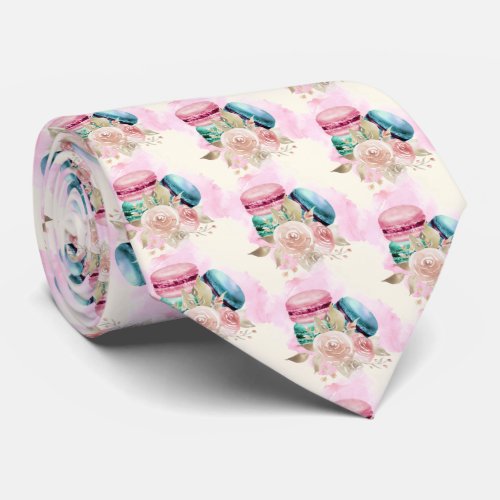 Colorful Macarons and Flowers Watercolor Pattern Neck Tie