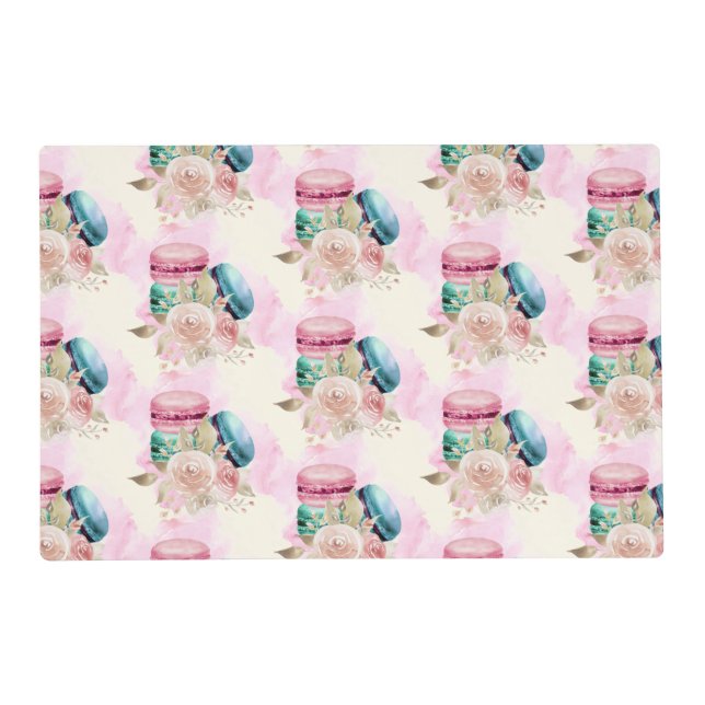 Colorful Macarons and Flowers Watercolor Pattern Placemat (Front)