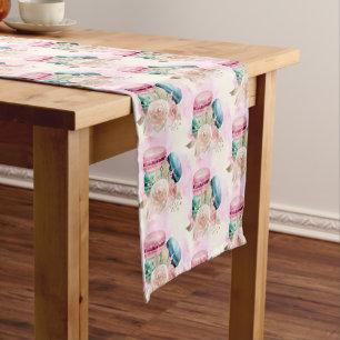 Colorful Macarons and Flowers Watercolor Pattern Short Table Runner