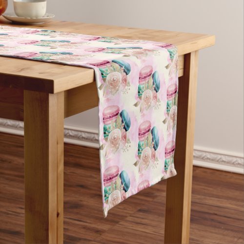 Colorful Macarons and Flowers Watercolor Pattern Short Table Runner