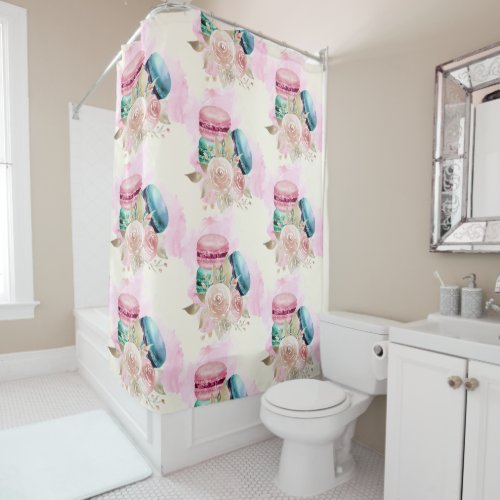 Colorful Macarons and Flowers Watercolor Pattern Shower Curtain