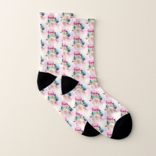 Colorful Macarons and Flowers Watercolor Pattern Socks