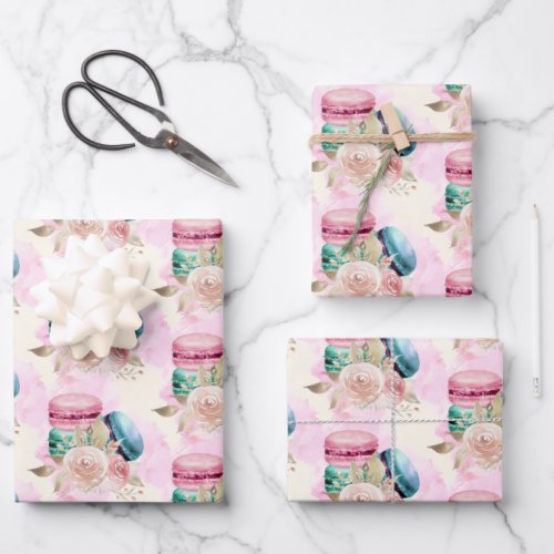 Colorful Macarons and Flowers Watercolor Pattern Wrapping Paper Sheets