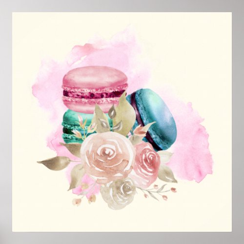 Colorful Macarons and Flowers Watercolor Poster