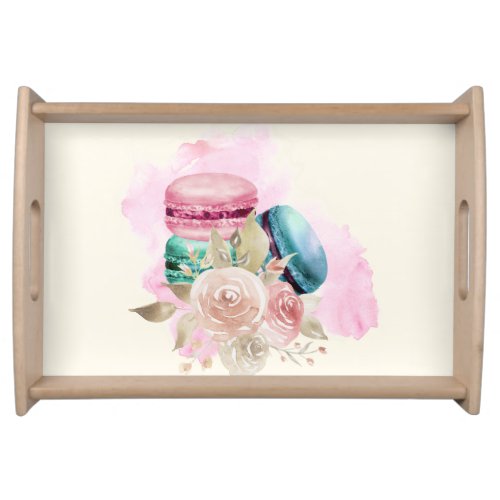 Colorful Macarons and Flowers Watercolor Serving Tray
