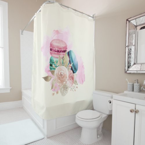 Colorful Macarons and Flowers Watercolor Shower Curtain