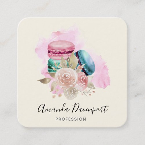Colorful Macarons and Flowers Watercolor Square Business Card