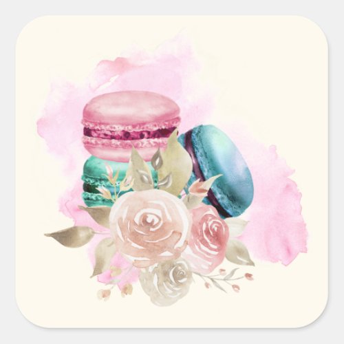 Colorful Macarons and Flowers Watercolor Square Sticker