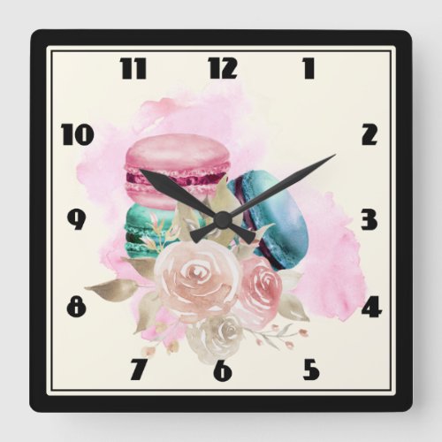 Colorful Macarons and Flowers Watercolor Square Wall Clock