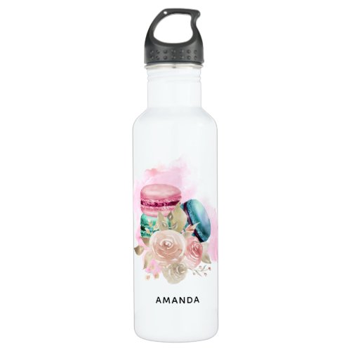 Colorful Macarons and Flowers Watercolor Stainless Steel Water Bottle