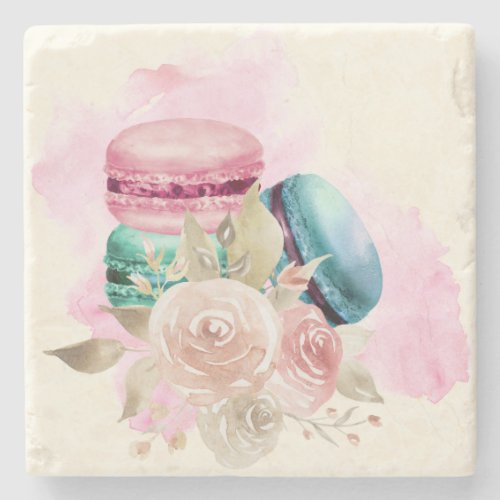 Colorful Macarons and Flowers Watercolor Stone Coaster
