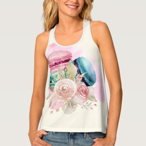 Colorful Macarons and Flowers Watercolor Tank Top