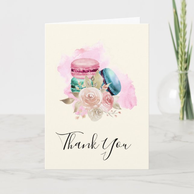 Colorful Macarons and Flowers Watercolor Thank You Card (Front)