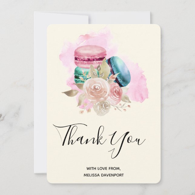 Colorful Macarons and Flowers Watercolor Thank You Card (Front)