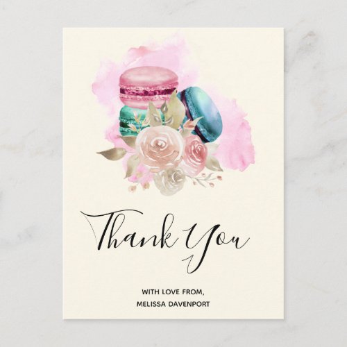 Colorful Macarons and Flowers Watercolor Thank You Postcard