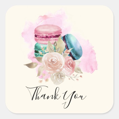 Colorful Macarons and Flowers Watercolor Thank You Square Sticker
