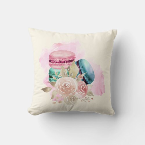 Colorful Macarons and Flowers Watercolor Throw Pillow
