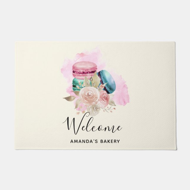 Colorful Macarons and Flowers Watercolor Welcome Doormat (Front)