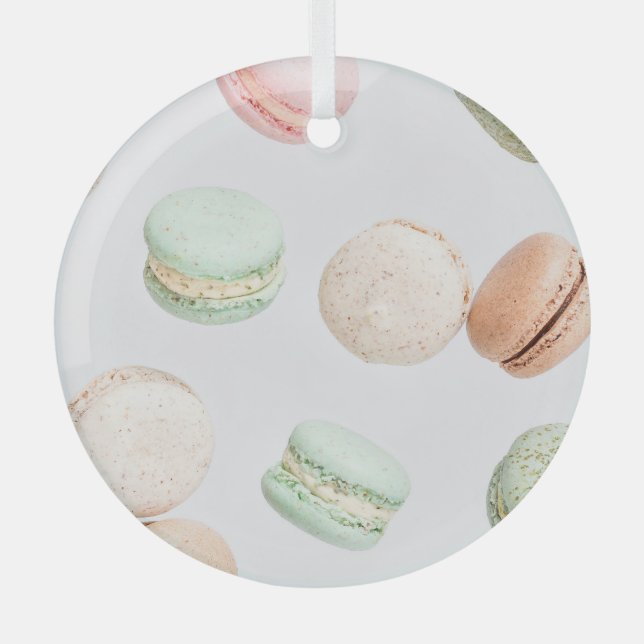 Colorful Macarons: Sweet Falling Pattern. Glass Ornament (Front)