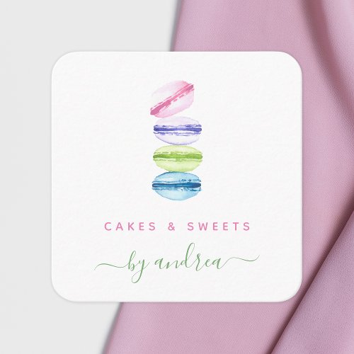 Colorful Macarons Sweets Qr Code Modern Bakery Square Business Card