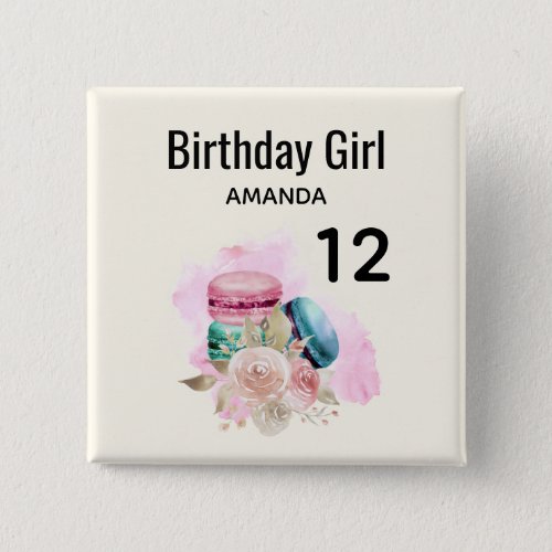 Colorful Macarons Watercolor Birthday Girl Button
