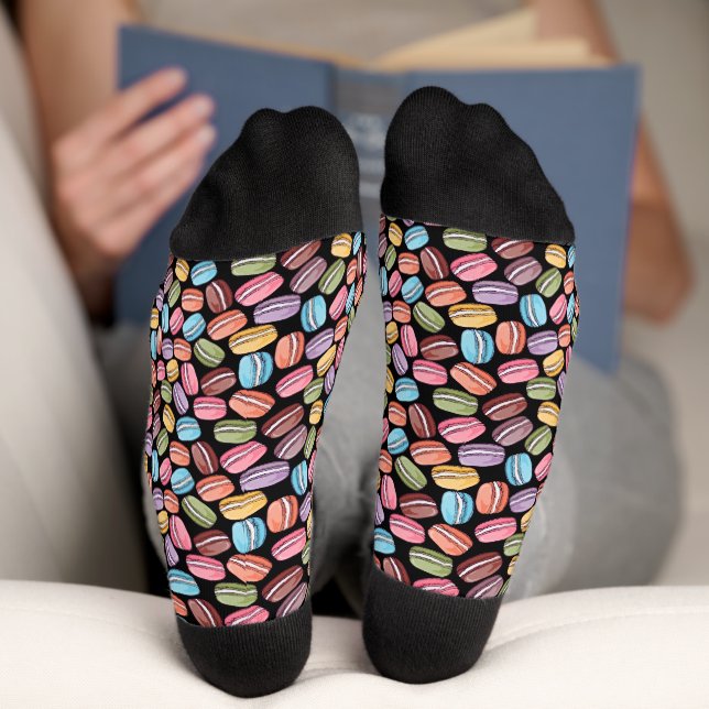 Colorful Macaroon Cookies Pattern on Black Socks (Bottom)