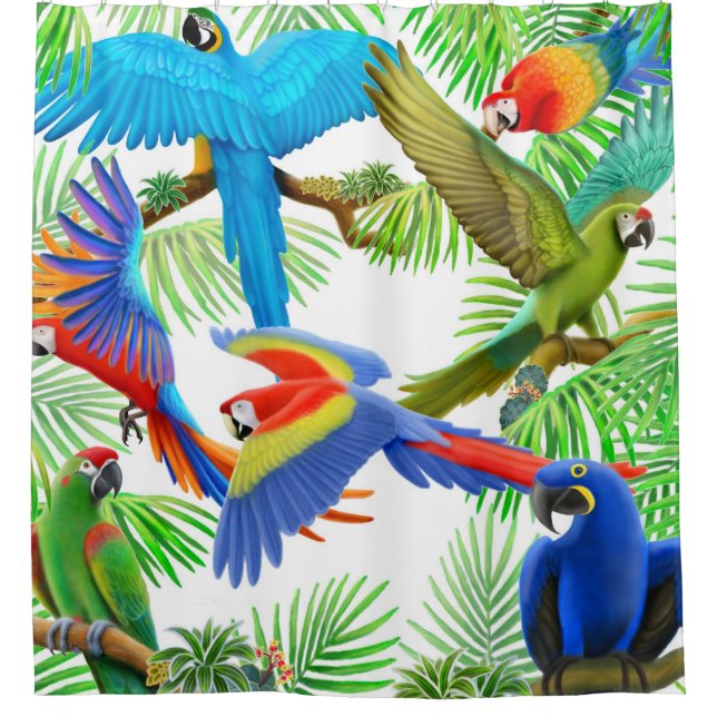 Colorful Macaw Jungle Parrots Shower Curtains (Front)