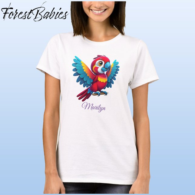 Colorful Macaw Parrot Cute Bird Cartoon Graphic 🦜 T-Shirt (Macaw Parrot, White Customizable ForestBabies Women's Basic T-shirt - Front)