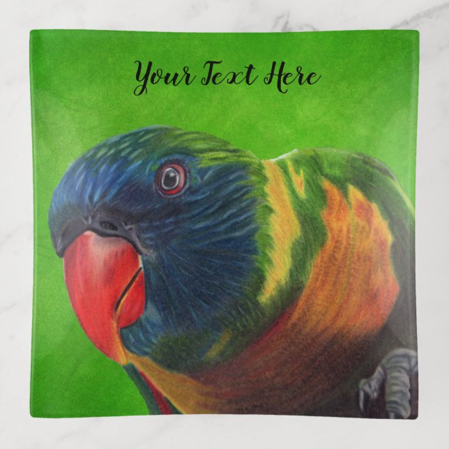Colorful Macaw Parrot Red Beak on Green Trinket Tray (Front)