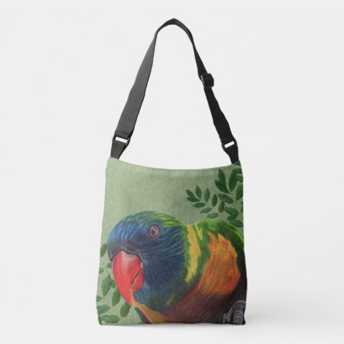 Colorful Macaw Parrot Sitting in Green Leafy Plant Crossbody Bag