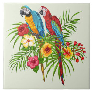 Colorful Macaw Parrots and Hibiscus Flowers Ceramic Tile