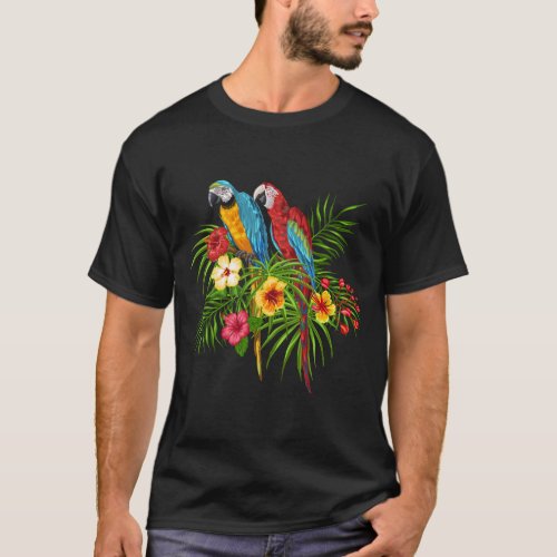 Colorful Macaw Parrots and Hibiscus Flowers   T_Shirt