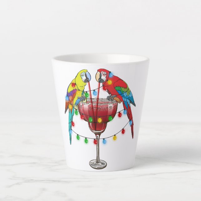 Colorful Macaw Parrots Drinking Red Latte Mug (Front)