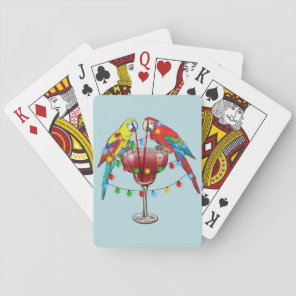 Colorful Macaw Parrots Drinking Red Wine Playing Cards